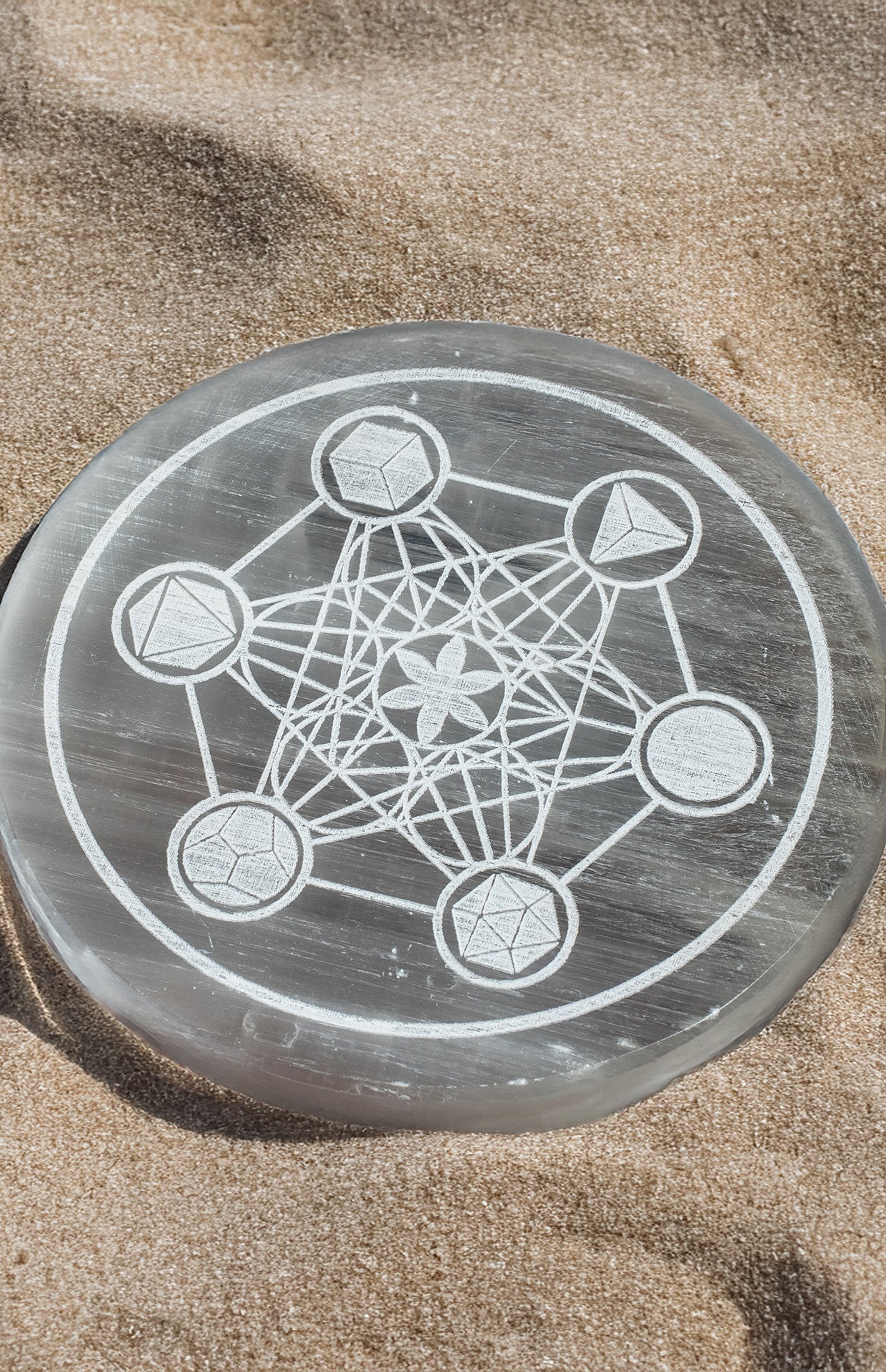 Selenite Charging Plate – 4 Inch Engraved with Metatron’s Cube