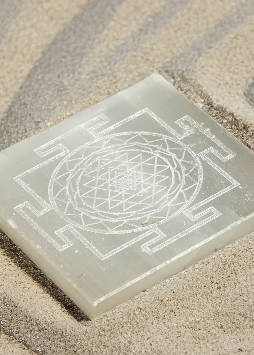 Selenite Charging Plate – 4 Inch Engraved with Shree Yantra