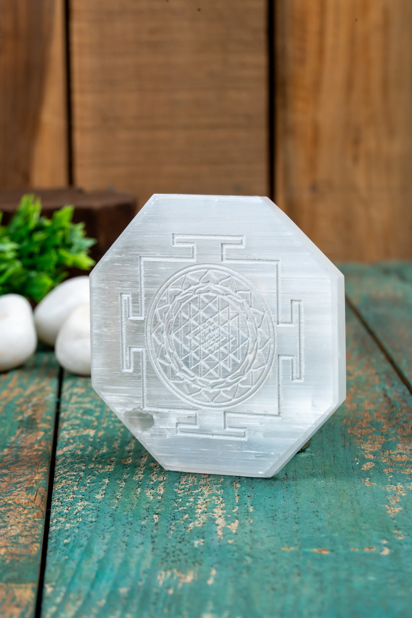 Selenite Charging Plate – 4 Inch Engraved with Shree Yantra