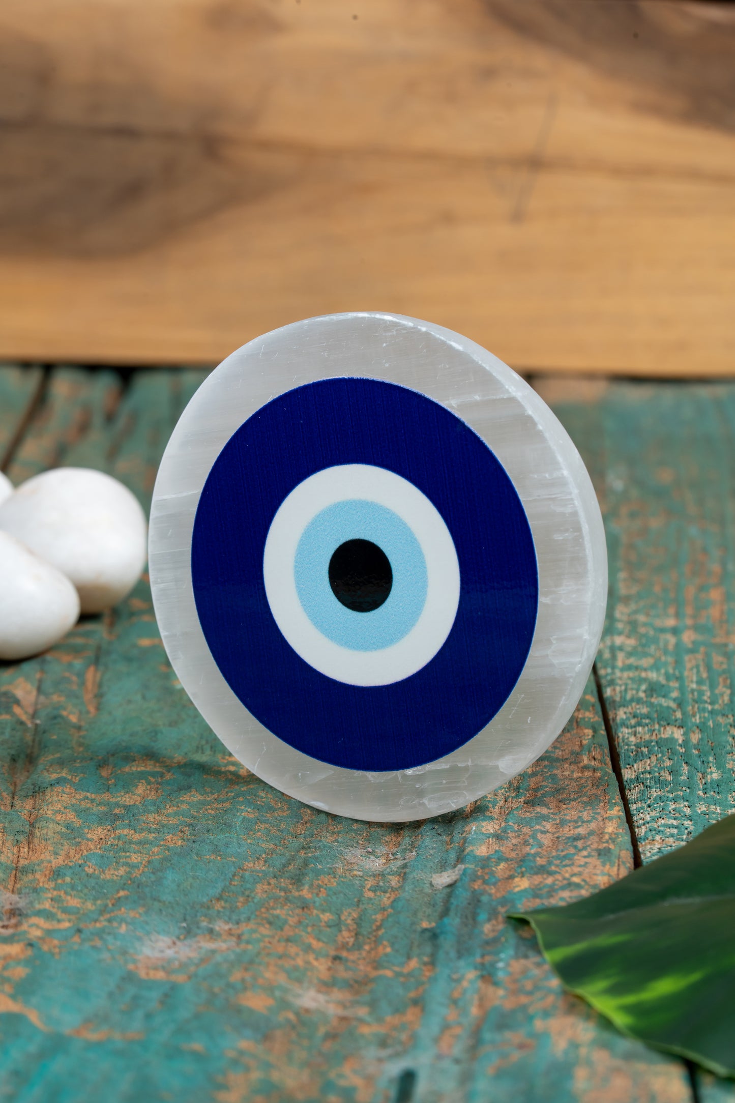 Selenite Charging Plate – 4 Inch Engraved with Evil Eye Symbol