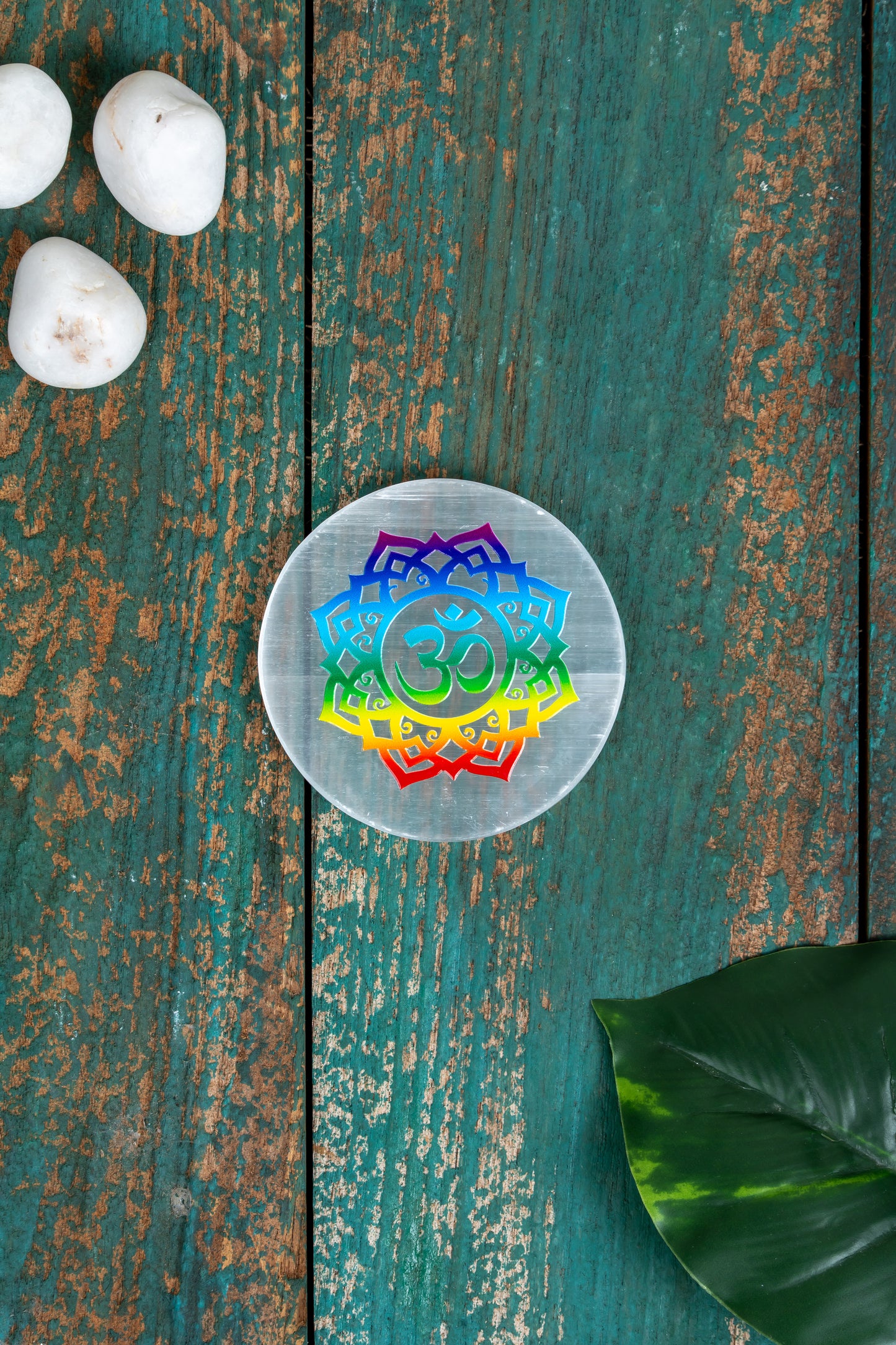 Selenite Charging Plate – 4 Inch Engraved with Om Symbol