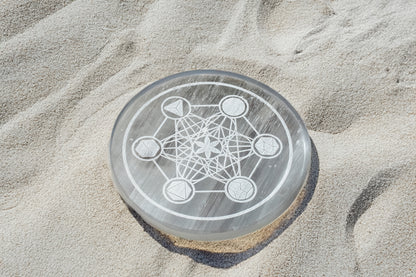 Selenite Charging Plate – 4 Inch Engraved with Metatron’s Cube