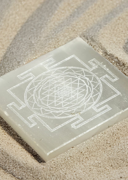 Selenite Charging Plate – 4 Inch Engraved with Shree Yantra