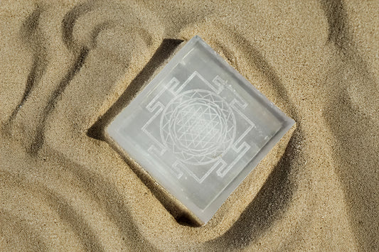 Selenite Charging Plate – 4 Inch Engraved with Shree Yantra