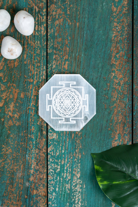 Selenite Charging Plate – 4 Inch Engraved with Shree Yantra