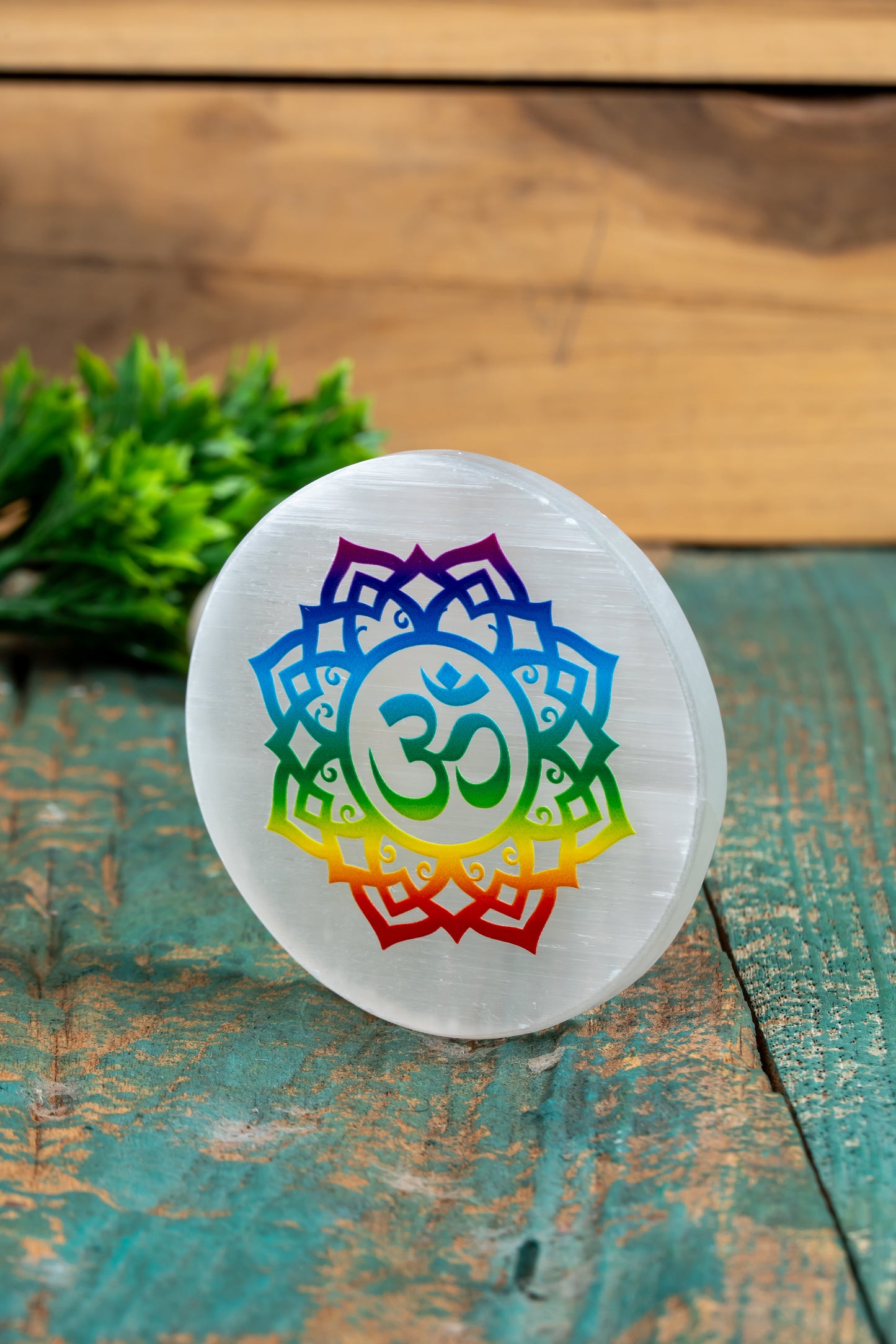 Selenite Charging Plate – 4 Inch Engraved with Om Symbol